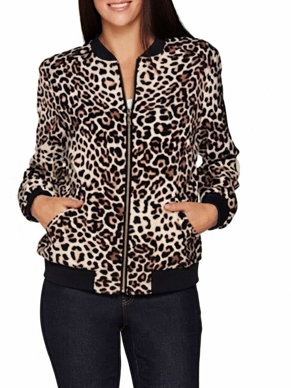 Susan Graver Silky Leopard Print Black Trim Full Zip Women's Bomber Jacket XL